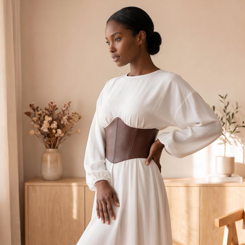 May include: A long-sleeved white dress featuring a structured, dark brown corset-style waist belt. The dress has a round neckline and loose, flowing sleeves, while the brown belt is fitted around the midsection with visible vertical seams.