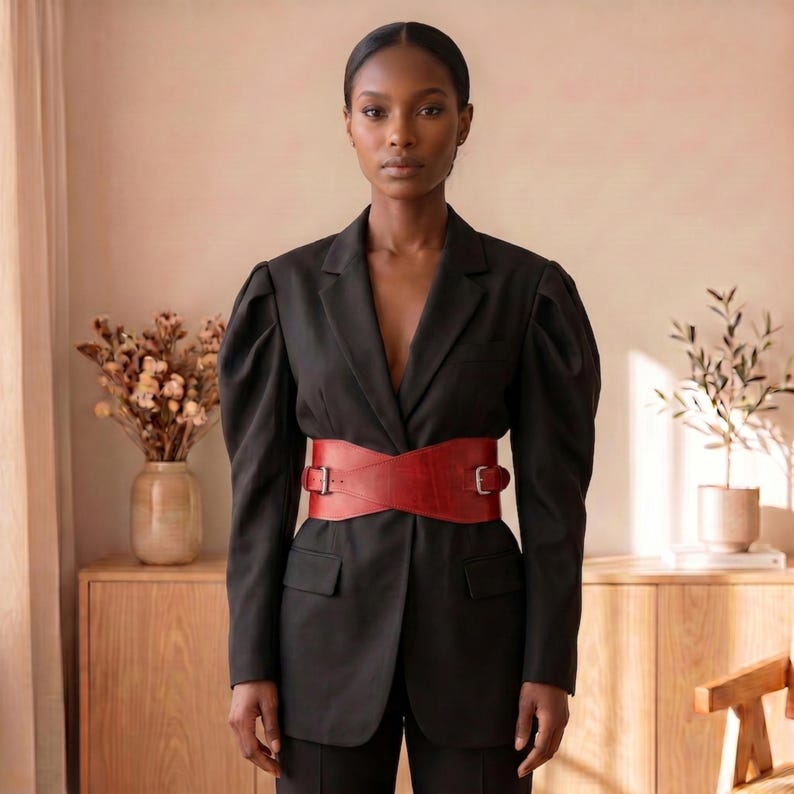 May include: A black blazer with long puff sleeves and a notched lapel, cinched at the waist with a wide, red leather corset-style belt featuring two silver-toned metal buckles on the front. The blazer has two flap pockets on the lower front.