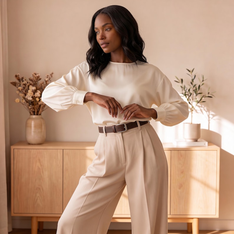 May include: A cream-colored long-sleeved blouse with a round neckline and gathered cuffs, paired with high-waisted beige trousers featuring a front crease and a dark brown leather belt with a silver-toned buckle, creating a neutral-toned outfit.