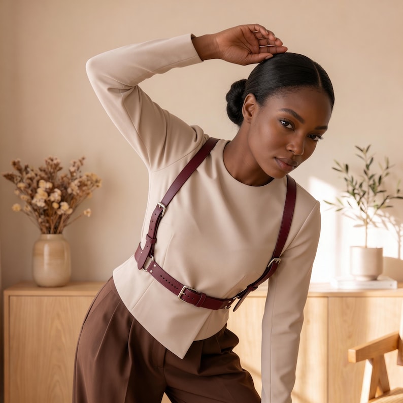 May include: A deep burgundy leather harness featuring adjustable straps and silver-toned metal buckles, worn over a long-sleeved beige top and paired with brown trousers. The harness consists of a waist belt connected to two shoulder straps.