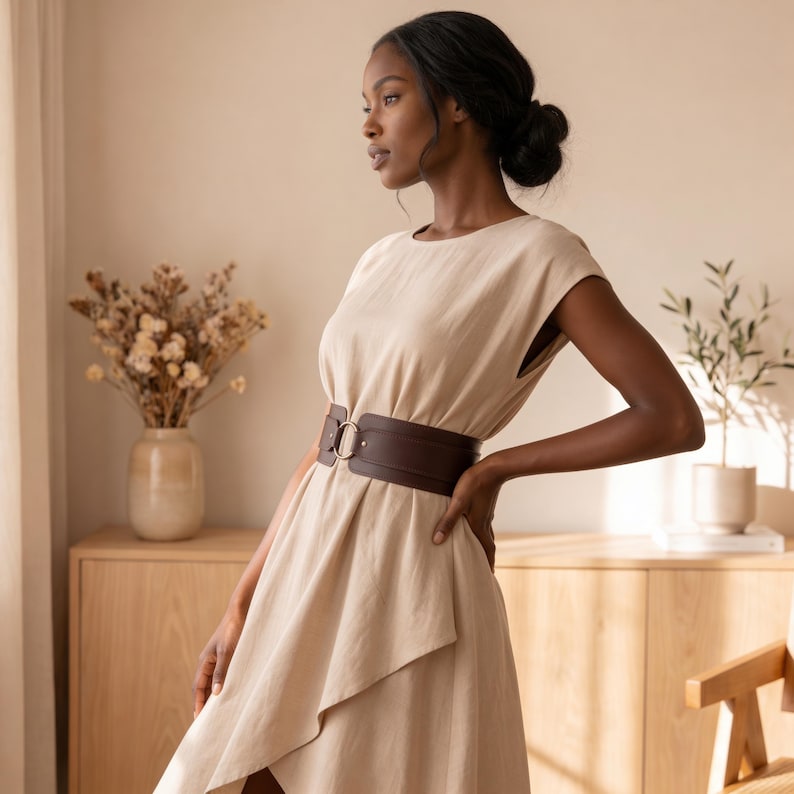 May include: A beige sleeveless dress with a draped, asymmetrical hemline, cinched at the waist by a wide, dark brown leather belt featuring a prominent circular metal buckle. The dress has a round neckline and a smooth, solid-colored fabric finish.