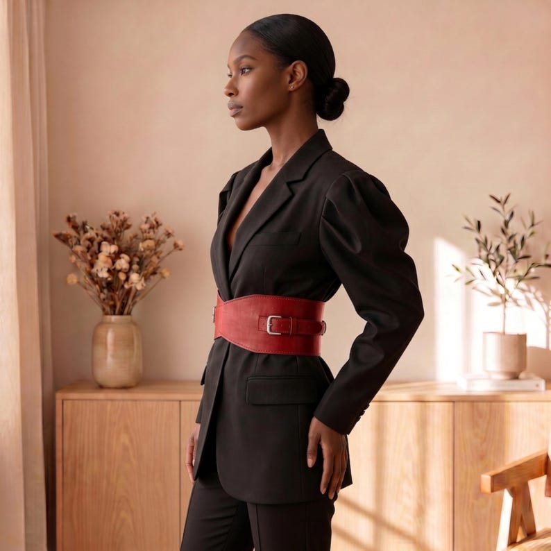 May include: A black blazer with long sleeves and a structured shoulder design, featuring a wide red belt with a silver buckle cinched at the waist. The blazer has a notched lapel, two front flap pockets, and a single-breasted button closure.