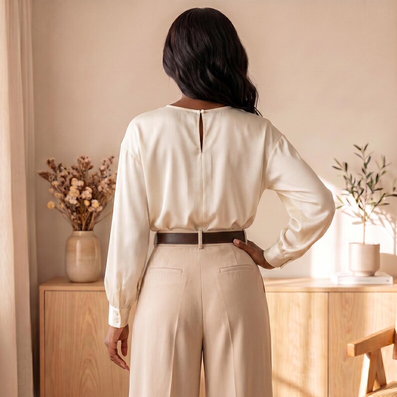 May include: A long-sleeved cream-colored satin blouse with a high neckline and a button closure at the back, paired with high-waisted beige trousers featuring a dark brown leather belt. The blouse has a smooth, reflective finish and cuffed sleeves.