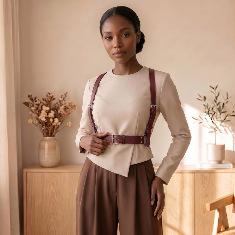 May include: A burgundy leather harness belt featuring adjustable straps and silver-toned metal buckles, worn over a long-sleeved beige top and brown trousers. The accessory consists of two vertical shoulder straps connected to a horizontal waist belt.