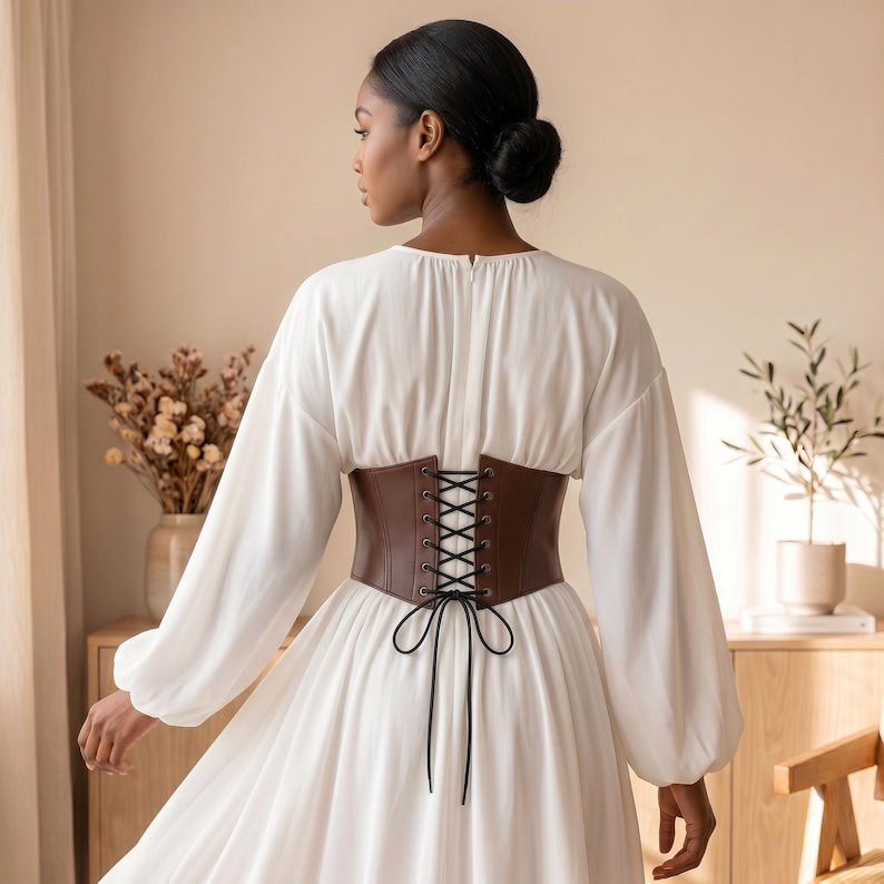 May include: A long-sleeved white dress featuring a brown corset-style waist belt. The belt is constructed with dark brown material, silver-toned metal eyelets, and black crisscross lacing that ties into a bow at the center of the back.