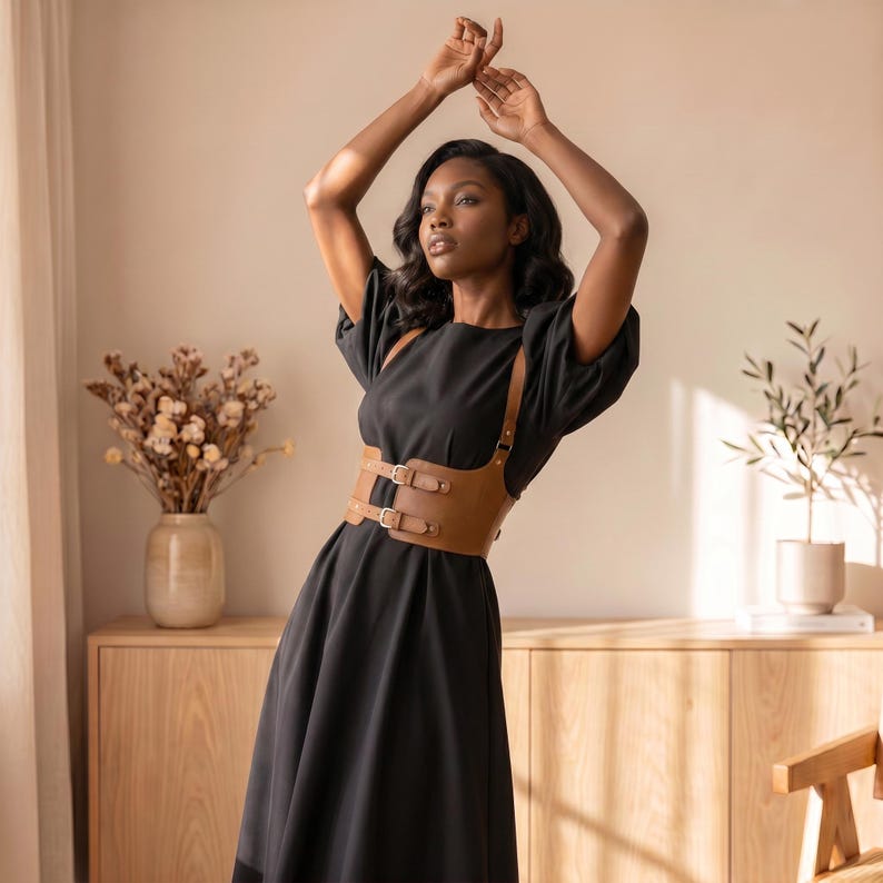 May include: A black midi dress with short puff sleeves and a round neckline, worn with a tan leather corset-style belt featuring two horizontal straps with metal buckles that secure across the front of the waist and extend up to the shoulders.