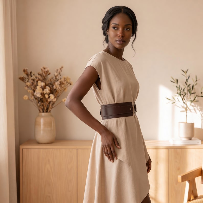 May include: A beige knee-length dress with short sleeves and a round neckline, cinched at the waist with a wide, dark brown leather belt featuring a metallic buckle. The dress has a simple, clean design with a fluid, relaxed fit and hemline.