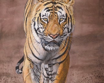 Handmade Tiger Painting: Realistic Watercolor Animal Art on Silk