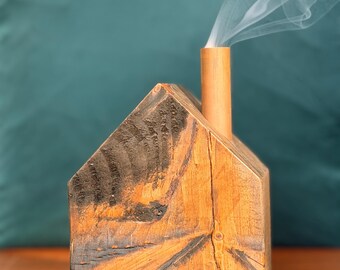 Handmade Incense Holder, Recycled Wood, Copper Chimney, Metal Feet | Fire-Retardant Interior, Rustic Farmhouse Decor