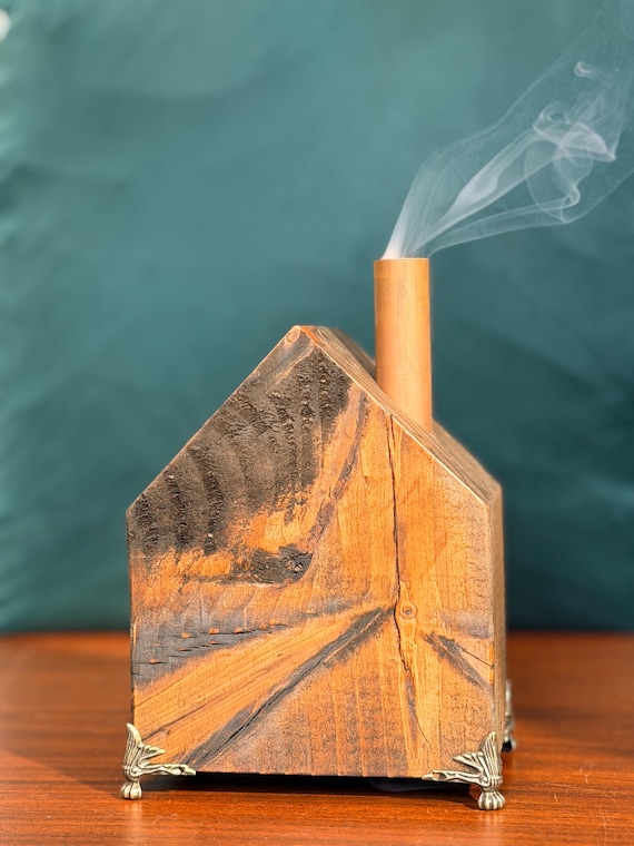 cigarette incense holder Handmade Incense Holder, Recycled Wood, Copper Chimney, Metal Feet |  Fire-retardant Interior, Rustic Farmhouse Decor