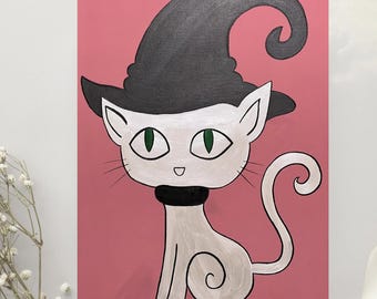 Handmade Witchy Cat Halloween Painting: Pink Victorian Coven Decor (24x36)