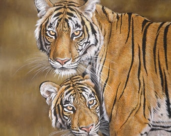 Handmade Tiger Painting: Twin Flames, Realistic Watercolor Animal Art