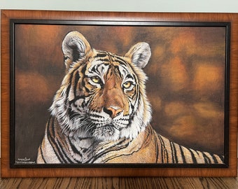 Handmade Tiger Painting on Silk: Golden Hour Realistic Art