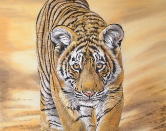 Handmade Tiger Painting: Realistic Watercolor Animal Art on Silk