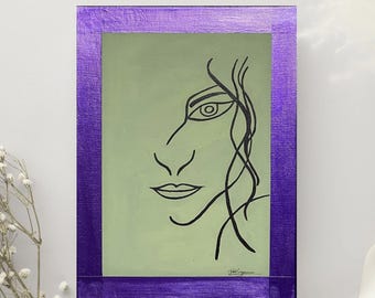 Original Woman Line Art Painting: Minimalist Handmade Wall Decor