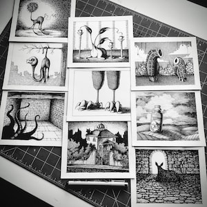Ensemble de cartes de note | La ménagerie mélancolique | Illustration de stylo et d’encre, PaperFinchArtStudio, stylo et art d’encre