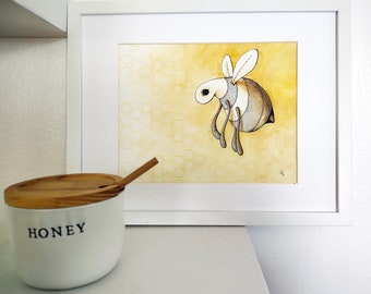 Just Buzz, 9x12 painting, original art, mixed media painting, bee art, honeycomb, mixed media, watercolor, pen and ink, yellow