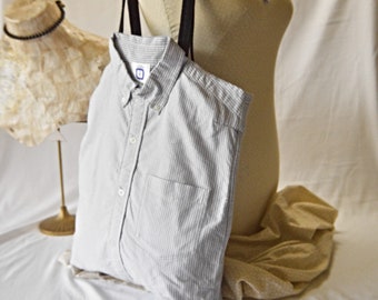 Up cycled White/Blue Pinstripe Shirt Tote Bag