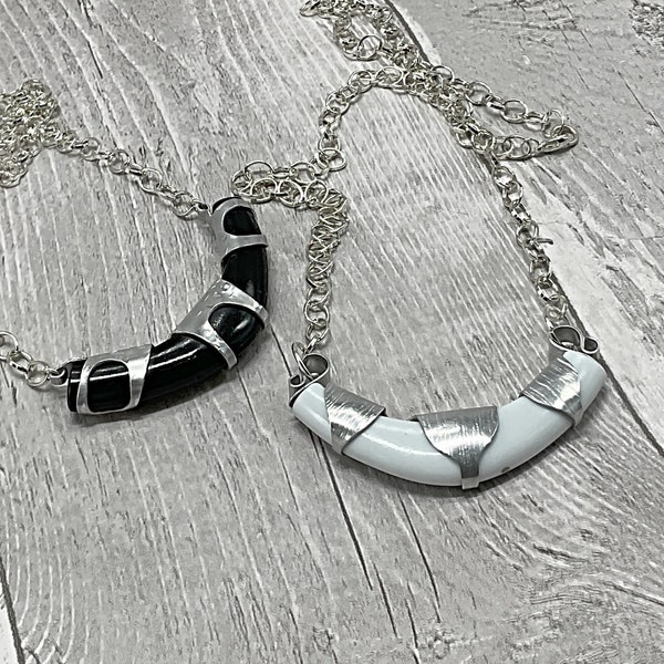 Aluminium and Upcycled Jewellery Pendant Necklaces, Black & White Colours available, Unique as they are Influenced by a Plant Theme Design