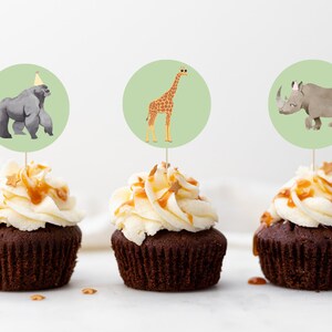 Party Animals Birthday Cupcake Toppers Light Green, Zoo Safari Animal Party Template, Editable Printable Toppers, DIGITAL DOWNLOAD