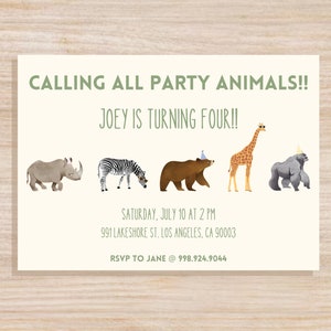 Party Animals Birthday Invitation white, Zoo Safari Animal Invite Template, Editable Printable or digital Invite, DIGITAL DOWNLOAD