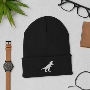 T-Rex Beanie | Dinosaur Embroidered Hat | T-Rex Cuffed Beanie