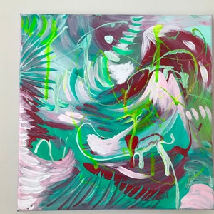 Acrylic Abstract Mountain Art Painting- Pink, teal, neon green, and red original artwork, small abstract mountain painting