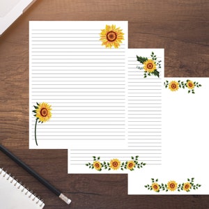 May include: Three printable stationery sheets featuring sunflower designs. The first sheet has a single sunflower in the top right corner. The second sheet has a sunflower in the bottom left corner. The third sheet has a border of sunflowers along the top and bottom.