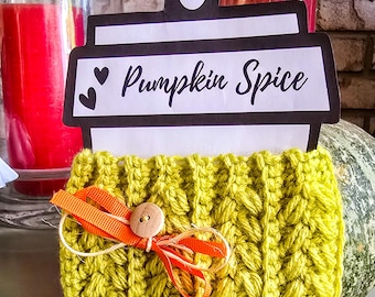 Funda para taza de café de crochet hecha a mano: funda amarilla para taza de otoño
