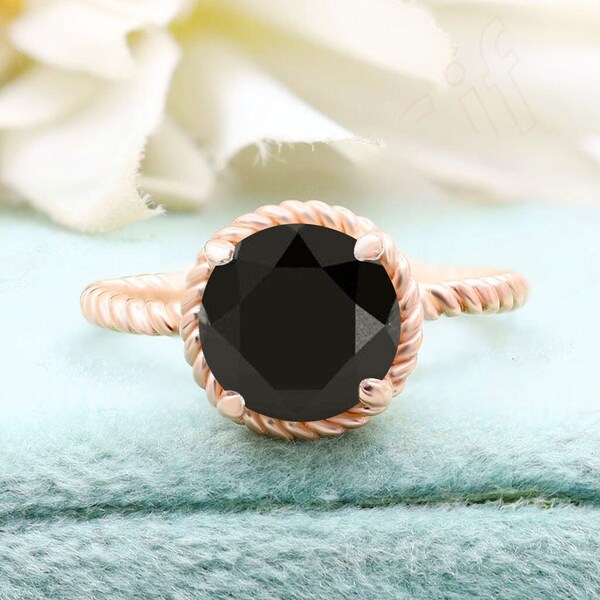 Round Black Onyx Gemstone 14KRose Gold Plated Silver Ring Gift For Mother Beautiful Engagement Solitaire Anniversary Promise Ring For Love