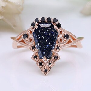 Coffin Cut Sandstone Gemstone 14K Rose Gold Engagement Ring Unique Black Spinal Accent Gothic Design Ring Birthday Proposal Gift For Love