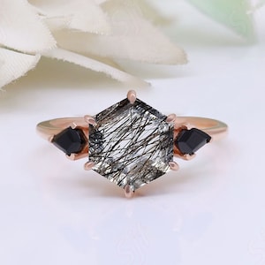 Hexagon Natural Black Rutile 925 Silver Wedding Bridal Engagement Ring Beautiful Quartz Birthstone Ring Anniversary Birthday Gift For Love