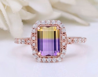 Bellissimo anello nuziale con taglio smeraldo e ametrina bio-color, anello da sposa unico in stile Art Déco con moissanite, regalo di proposta per donna, per amore