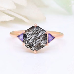 Hexagon Natural Black Rutile 925 Silver Wedding Bridal Engagement Ring Beautiful Quartz Birthstone Ring Anniversary Birthday Gift For Love