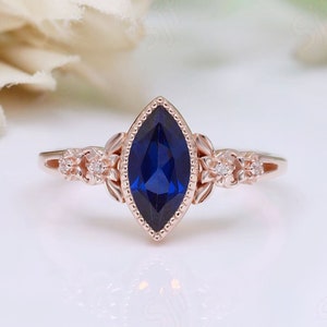 Blue Sapphire Gemstone 14K Rose Gold Wedding bridal Ring Beautiful Flower Design Art Deco Ring Anniversary Engagement Ring Gift For Wife