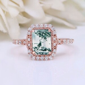 Natural Moss Agate Engagement Bridal Ring Unique Moss Agate 14K Rose Gold Moissanite Halo Statement Ring Birthday Anniversart Proposal Gift