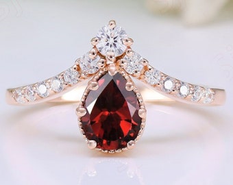Beautiful Natural Red Garnet Gemstone 14K Rose Gold Wedding Bridal Anniversary Ring Art Deco Solitaire Beautiful Chavron Teardrop Ring
