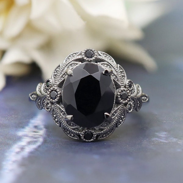 Oval 10X8 Natural Black Onyx Wedding Ring for Woman, Vintage Art deco Black Stone Ring for Love, Gift for Daughter, Promise Ring, Black Ring