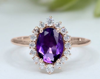 AAA Natural Amethyst Wedding Halo Gold Ring, Unique Purple Stone Ring For Anniversary, Gorgeous Amethyst Gold Ring, Gift For Mother's Day