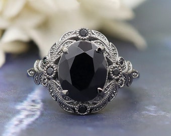 Bague de mariage ovale 10 x 8 onyx noir naturel pour femme, bague vintage art déco en pierre noire pour l'amour, cadeau pour fille, bague de promesse, bague noire