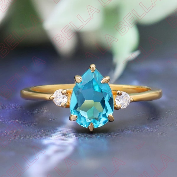 Pear Lab Grown Paraiba Tourmaline Engagement Ring, Gift For Love, Antique Three Stone Ring, Anniversary Wedding Ring, Bridal Solitaire Ring