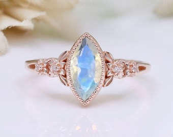 Regenboog maansteen verlovingsring gouden ring mooie marquise maansteen zilveren art deco bloemen moissaniet dames verjaardag verjaardagscadeau