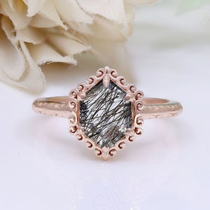 Beautiful Hexagon Black Rutiled Gemstone Bridal Anniversary Wedding Ring Art Deco Gold Anniversary Graduation Birthday Women Proposal Gift