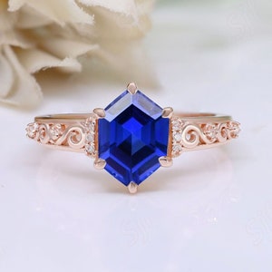 Hexagon Blue Sapphire Gemstone Engagement Bridal Anniversary Art Deco Sapphire Gold Ring 925 Silver Anniversary Birthday Graduation Gift