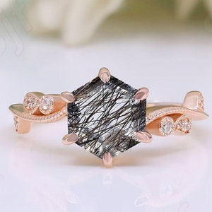 Hexagon Natural Black Rutile Quartz Wedding Bridal Engagement Ring Danity Moissanite Women Solitaire Ring Anniversary Birthday Gift For Wife