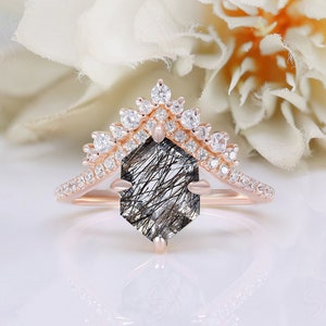 Hexagon AAA Natural Black Rutile Gemstone Wedding Anniversary Ring Gift For Wife 14k Rose Gold Plated Statement Birthday Friend Women Gift