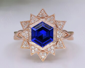 Hexagon Blue Sapphire Engagement Bridal Wedding Ring 14K Rose Gold Statement Women Ring Gemstone Art Deco Dainty Silver Ring Gift For Her