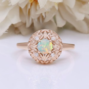 Ethiopian Opal Gemstone Anniversary Statement Ring Opal Moissanite Filigree Leaf Style Unique Ring Opal Birthstone Birthday Engagement Ring