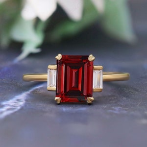9x7mm Red Garnet Engagement Ring, Emerald Cut AAA Red Garnet Wedding Ring, January Birthstone, Promise Ring, Gift For Love, Bridal Ring