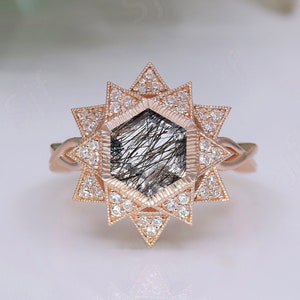 Hexagon Natural Black Rutile 14K Rose Gold Wedding Bridal Engagement Ring Beautiful Quartz Birthstone Ring Anniversary Birthday Gift For Her